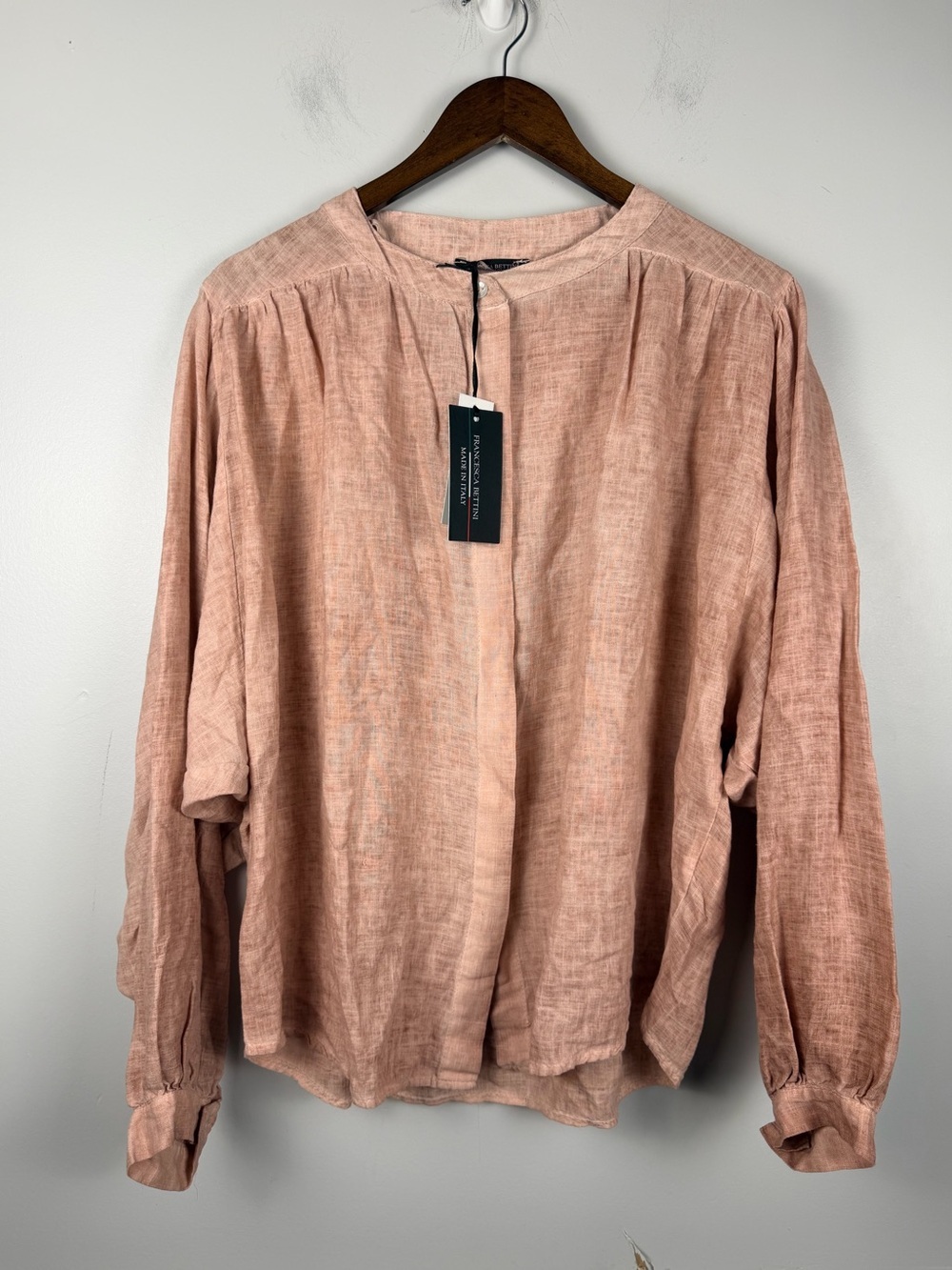 New Francesca Bettini balloon sleeve dusty pink blouse size large linen blend